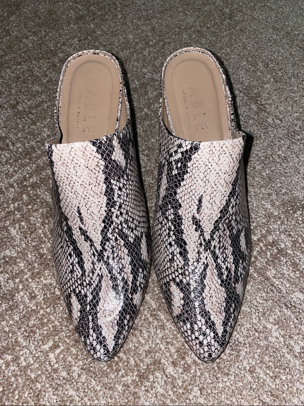 ABLE LOCAL + GLOBAL SNAKESKIN PATTERN
LEATHER MULES/SHOES 9.5